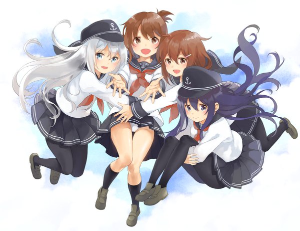 Anime picture 1200x922 with kantai collection hibiki destroyer akatsuki destroyer inazuma destroyer ikazuchi destroyer shiosoda long hair fringe short hair open mouth blue eyes light erotic simple background hair between eyes brown hair purple eyes brown eyes silver hair purple hair full body