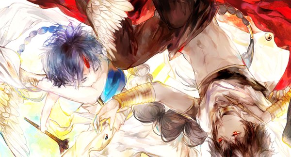 Anime picture 1477x800 with magi the labyrinth of magic a-1 pictures judal aladdin (magi) long hair blue eyes black hair red eyes wide image braid (braids) one eye closed wink angel wings boy bracelet
