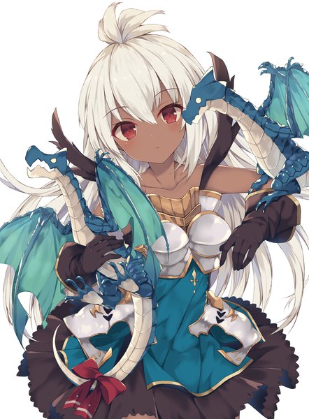 Anime picture 1000x1357 with granblue fantasy the order grande nibiiro shizuka single long hair tall image looking at viewer blush fringe breasts simple background hair between eyes red eyes standing white background bare shoulders holding ahoge white hair head tilt