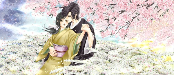 Anime picture 2000x864 with hakuouki shinsengumi kitan studio deen saito hajime chizuru yukimura long hair highres short hair black hair wide image yellow eyes sky cloud (clouds) traditional clothes japanese clothes profile light smile wind grey hair from behind grey eyes