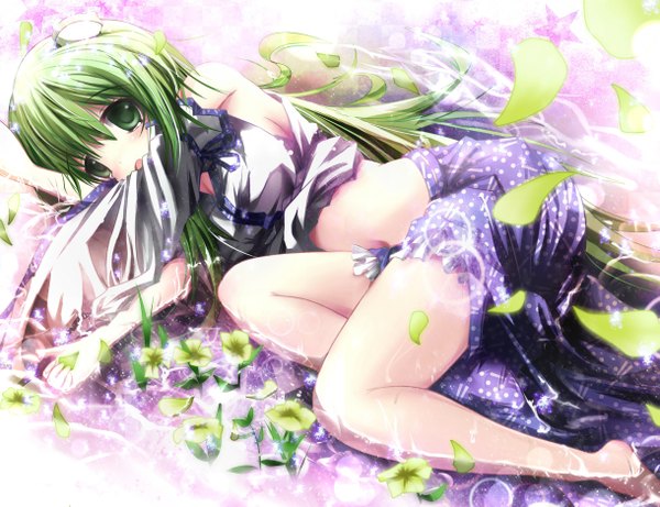 Anime picture 1219x937 with touhou kochiya sanae missle228 missile228 long hair green eyes green hair legs girl flower (flowers)