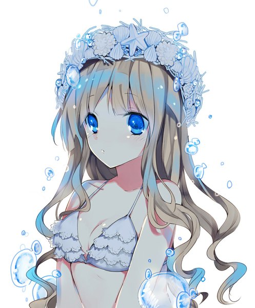 Anime picture 912x1100 with original rugo single long hair tall image looking at viewer blush fringe blue eyes light erotic simple background blonde hair bare shoulders wavy hair girl swimsuit bubble (bubbles) wreath starfish