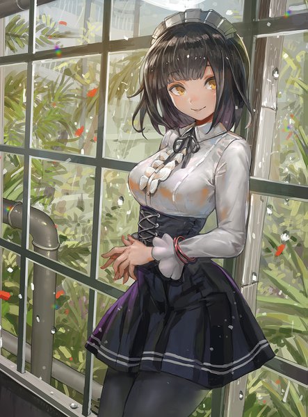 Anime picture 887x1200 with original canking single tall image blush fringe short hair breasts black hair smile large breasts yellow eyes looking away indoors blunt bangs long sleeves parted lips rain hands clasped revision