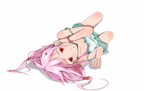 Anime picture 1400x882 with guilty crown production i.g yuzuriha inori tagme (artist) single long hair looking at viewer simple background red eyes white background pink hair lying shadow girl hair ornament bracelet hairclip sundress