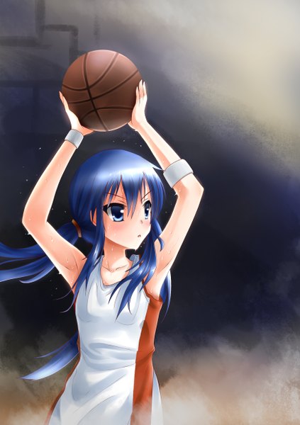 Anime picture 1748x2480 with original elrem single long hair tall image fringe highres blue eyes twintails holding blue hair looking away parted lips sweat basketball girl uniform water drop gym uniform ball