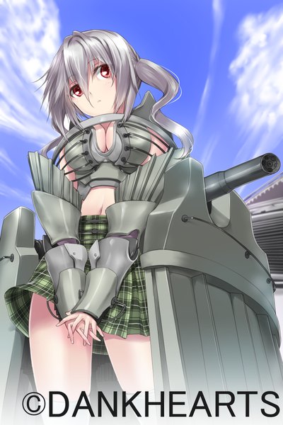 Anime picture 800x1200 with original kyougoku touya tall image looking at viewer breasts red eyes twintails sky silver hair cloud (clouds) girl skirt weapon gun