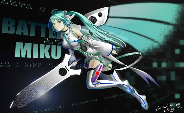 Anime picture 2913x1800 with vocaloid hatsune miku okingjo single long hair highres wide image twintails green eyes ahoge green hair flying girl detached sleeves wings necktie thigh boots