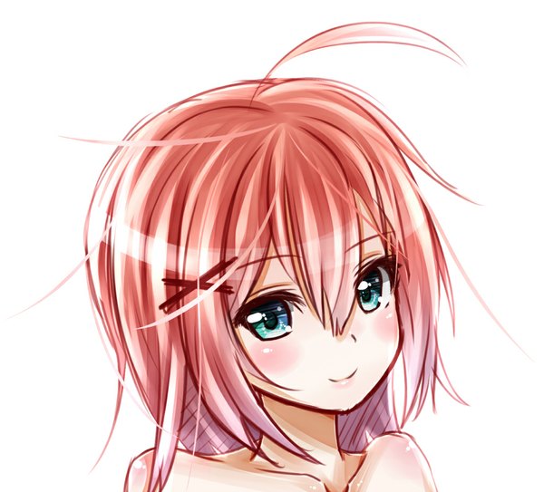 Anime picture 1024x927 with original zero (pixiv8796329) single long hair looking at viewer blush blue eyes simple background smile white background bare shoulders pink hair ahoge face girl hair ornament
