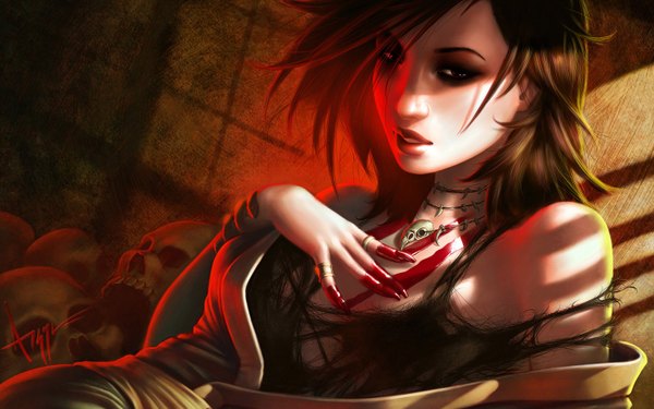 Anime picture 1440x900 with steve argyle single looking at viewer short hair open mouth brown hair wide image bare shoulders wallpaper girl pendant blood skull