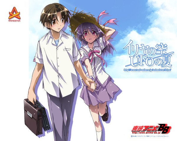 Anime picture 1280x1024 with iriya no sora ufo no natsu toei animation iriya kana asaba naoyuki komatsu eiji long hair short hair open mouth brown hair purple eyes brown eyes purple hair pink eyes shadow copyright name holding hands eye contact girl boy uniform