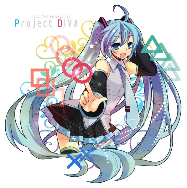 Anime picture 1193x1200 with project diva vocaloid hatsune miku tamura hiro single long hair tall image open mouth blue eyes white background twintails blue hair ahoge girl skirt detached sleeves necktie
