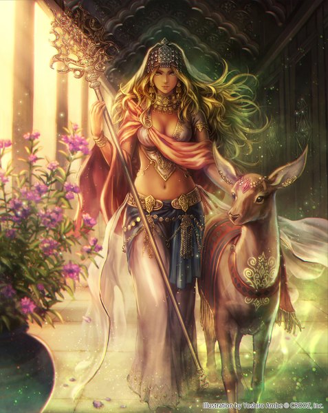 Anime picture 1272x1600 with shinma x keishou! ragnabreak original anbe yoshirou long hair tall image looking at viewer breasts blue eyes blonde hair midriff girl dress navel hair ornament flower (flowers) animal jewelry staff