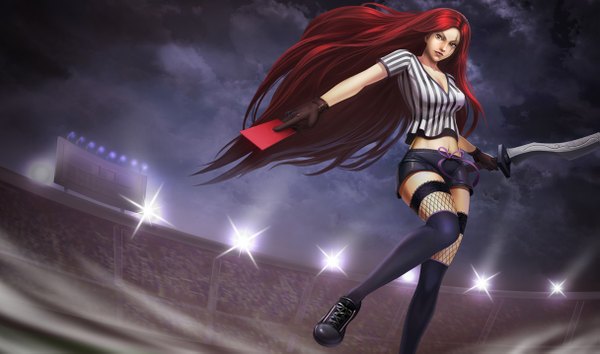 Anime picture 1215x717 with league of legends katarina (league of legends) red card katarina single long hair wide image brown eyes red hair battle girl thighhighs gloves weapon sword shorts stadium
