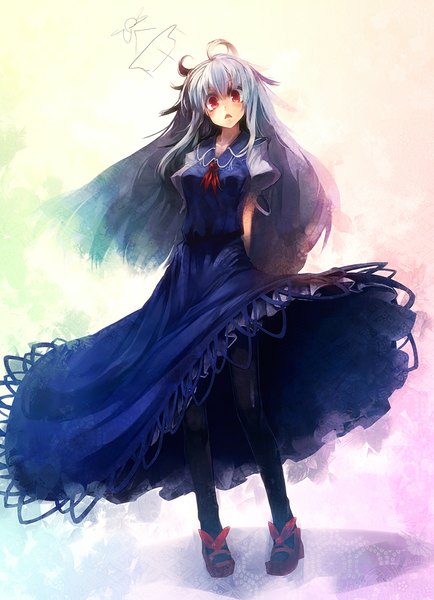 Anime picture 768x1060 with touhou kamishirasawa keine ukyo rst single long hair tall image looking at viewer blush open mouth red eyes standing silver hair hands behind back girl dress pantyhose shoes