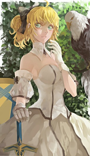 Anime picture 519x900 with fate (series) fate/unlimited codes type-moon artoria pendragon (all) saber lily chirp long hair tall image looking at viewer fringe blonde hair standing bare shoulders ponytail aqua eyes light smile girl dress gloves weapon