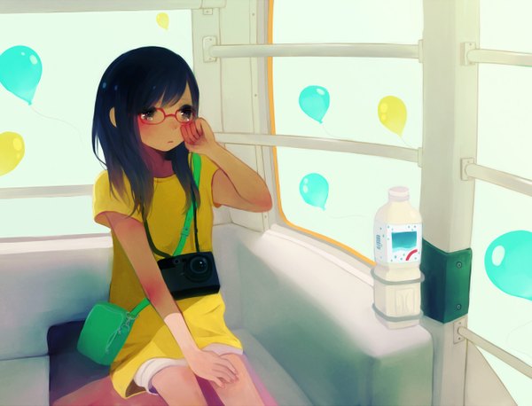 Anime picture 1366x1044 with tamayo (artist) long hair black hair grey eyes tears crying glasses shorts camera