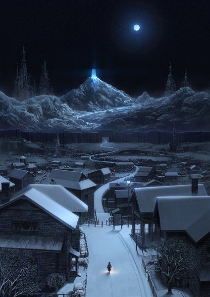 Anime picture 1400x1980 with original suchfolder tall image night night sky winter snow mountain scenic plant (plants) tree (trees) moon star (stars) full moon lantern road lamppost tower