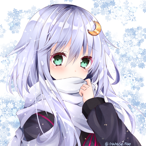 Anime picture 1000x1000 with kantai collection yayoi destroyer nanase nao single long hair looking at viewer blush fringe hair between eyes green eyes signed payot purple hair covered mouth girl uniform serafuku scarf snowflake (snowflakes) moon (symbol)