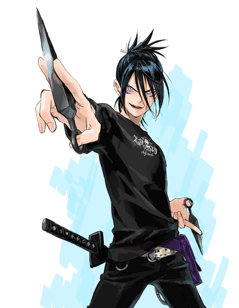 Anime picture 868x1116 with one-punch man madhouse onsoku no sonic indesign single tall image short hair open mouth black hair simple background smile white background purple eyes looking away ponytail outstretched arm facial mark fighting stance casual boy