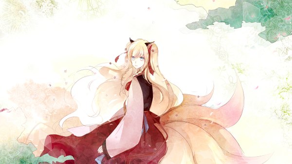 Anime picture 1280x720 with vocaloid seeu sincere (artist) long hair looking at viewer blue eyes blonde hair wide image sitting animal ears fox tail multiple tails girl hair ornament