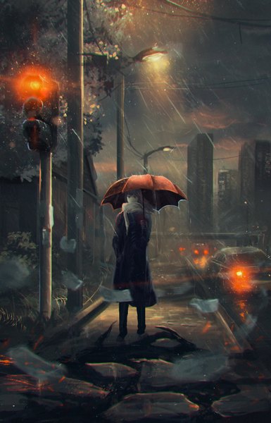 Anime picture 2000x3118 with original sylar113 single long hair tall image looking at viewer fringe highres brown hair standing holding brown eyes outdoors wind city rain street girl scarf building (buildings)