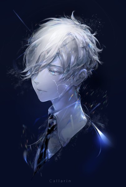 Anime picture 1181x1748 with houseki no kuni antarcticite callarinc single tall image fringe short hair blue eyes simple background signed looking away white hair hair over one eye black background portrait androgynous blending necktie