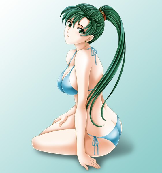 Anime picture 1500x1600 with fire emblem fire emblem: the blazing blade nintendo lyndis (fire emblem) tamamon single long hair tall image looking at viewer light erotic green eyes ponytail green hair blue background girl swimsuit earrings bikini