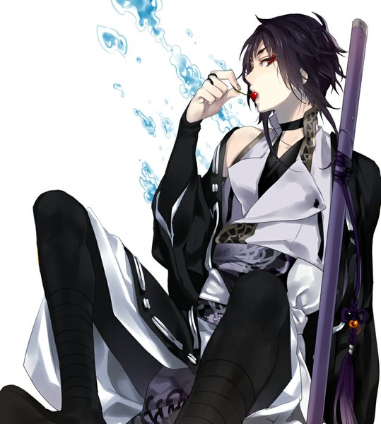 Anime picture 921x1024 with original kiskil-llira single tall image looking at viewer fringe short hair black hair red eyes sitting holding bent knee (knees) traditional clothes fingernails chinese clothes eyebrows sheathed boy weapon sword