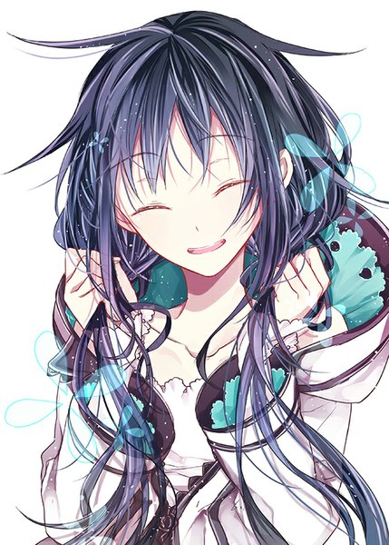 Anime picture 573x800 with utau xia yu yao flywinga7 single long hair tall image fringe open mouth black hair simple background smile white background twintails eyes closed long sleeves close-up laughing girl hood