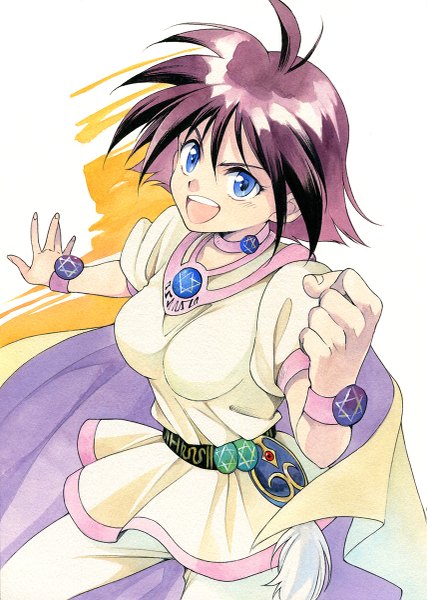 Anime picture 855x1200 with slayers j.c. staff amelia wil tesla seyruun agahari single tall image looking at viewer short hair open mouth blue eyes black hair white background ahoge traditional media watercolor (medium) girl cape