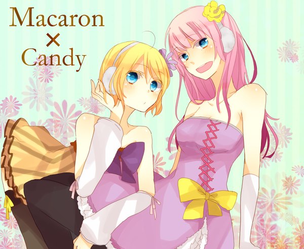 Anime picture 1350x1110 with project diva project diva 2nd vocaloid colorful x melody (vocaloid) megurine luka kagamine rin kawara (artist) long hair short hair open mouth blue eyes blonde hair multiple girls pink hair ahoge hair flower girl dress hair ornament bow