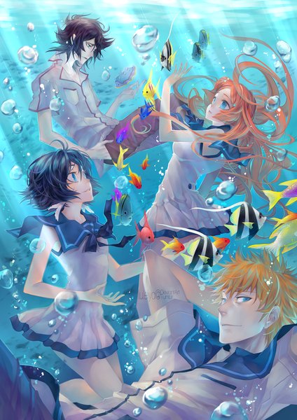 Anime picture 1240x1753 with bleach nagi no asukara studio pierrot p.a. works kurosaki ichigo kuchiki rukia inoue orihime ulquiorra schiffer luleiya long hair tall image short hair blue eyes black hair multiple girls looking away orange hair multiple boys underwater cosplay