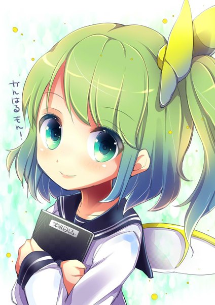 Anime picture 1018x1440 with touhou daiyousei uta (kuroneko) single tall image looking at viewer blush fringe short hair smile green eyes green hair from above alternate costume one side up girl uniform bow hair bow wings