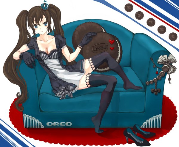 Anime picture 1580x1305 with original anko kinako single long hair looking at viewer blush blue eyes black hair sitting twintails cleavage shoes removed girl thighhighs gloves shoes pillow couch crown