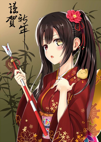 Anime picture 1240x1753 with date a live tokisaki kurumi z1npool single long hair tall image looking at viewer blush fringe open mouth black hair twintails payot upper body traditional clothes japanese clothes heterochromia hand on chest animal on shoulder girl