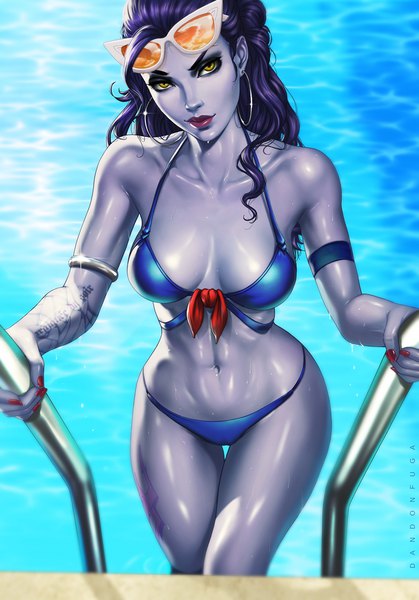 Anime picture 755x1080 with overwatch blizzard entertainment widowmaker (overwatch) cote d'azur widowmaker dandon fuga single long hair tall image looking at viewer breasts light erotic yellow eyes purple hair nail polish realistic bare belly tattoo lipstick thigh gap muscle