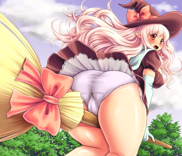 Anime picture 1750x1500 with original kokumotsu single long hair blush highres open mouth light erotic blonde hair red eyes ass pointy ears witch girl dress gloves underwear panties bow elbow gloves