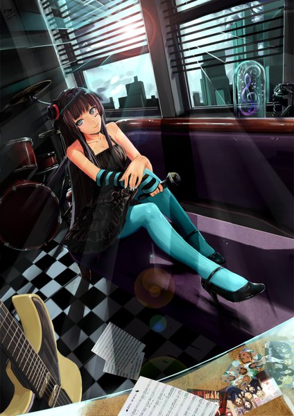 Anime picture 2480x3507 with k-on! kyoto animation akiyama mio b1944 single long hair tall image looking at viewer highres black hair grey eyes girl dress hat pantyhose window couch microphone guitar drum set