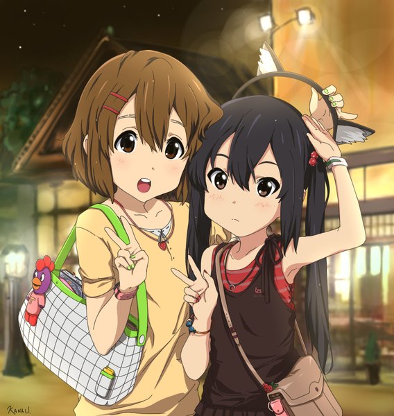 Anime picture 1560x1648 with k-on! kyoto animation hirasawa yui nakano azusa kanau long hair tall image looking at viewer blush short hair open mouth black hair brown hair twintails multiple girls brown eyes animal ears cat ears victory girl