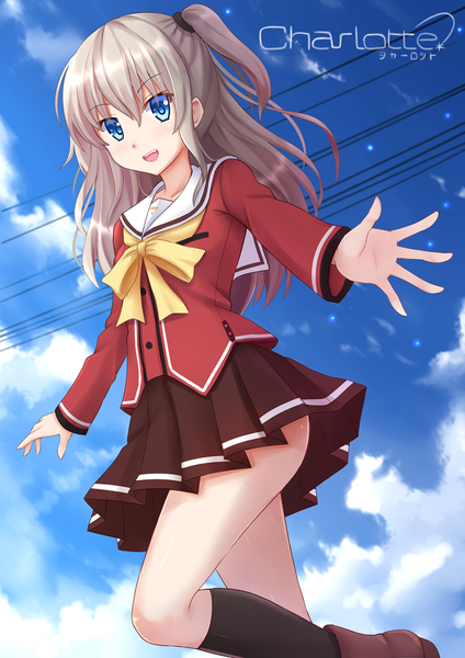 Anime picture 945x1337 with charlotte p.a. works tomori nao kazenokaze single long hair tall image looking at viewer open mouth blue eyes sky silver hair cloud (clouds) two side up girl skirt uniform school uniform socks black socks