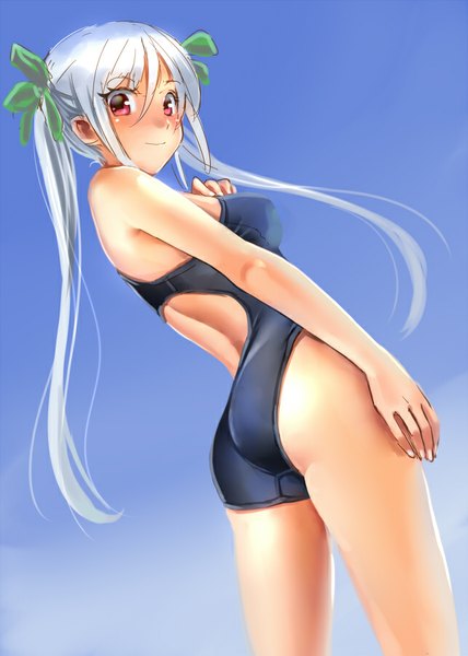 Anime picture 642x900 with original katahira masashi single long hair tall image looking at viewer breasts light erotic red eyes twintails bare shoulders sky silver hair ass from below girl ribbon (ribbons) swimsuit hair ribbon one-piece swimsuit