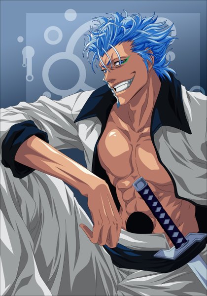 Anime picture 1800x2572 with bleach studio pierrot grimmjow jeagerjaques morrow single tall image highres short hair blue eyes smile blue hair teeth grin muscle sheathed abs espada boy weapon sword