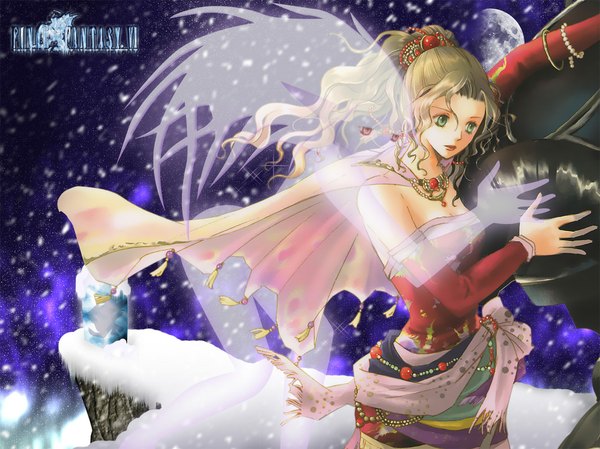 Anime picture 1067x800 with final fantasy final fantasy vi square enix tina branford long hair blonde hair red eyes green eyes ponytail pointy ears snowing winter snow dual persona detached sleeves moon cape jewelry necklace mecha