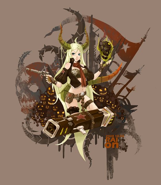 Anime picture 1034x1183 with raionart single tall image breasts blue eyes light erotic simple background blonde hair tail very long hair horn (horns) bare belly midriff girl gloves navel weapon belt fingerless gloves gun