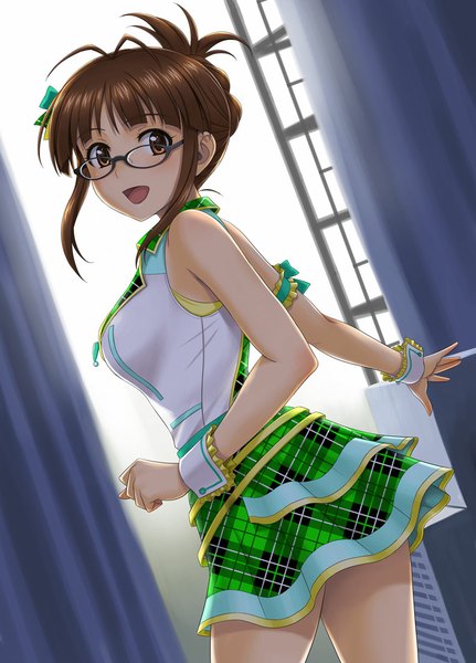 Anime picture 791x1100 with idolmaster akizuki ritsuko hida tatsuo single tall image looking at viewer blush short hair open mouth brown hair bare shoulders brown eyes check my note girl dress glasses