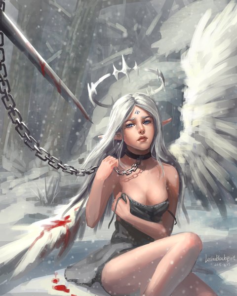 Anime picture 2000x2500 with ghost blade yan (ghost blade) yuwei li single long hair tall image looking at viewer fringe highres breasts blue eyes light erotic sitting bare shoulders signed silver hair bent knee (knees) outdoors parted lips arm up