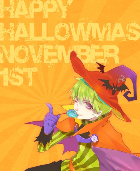 Anime picture 2050x2500 with original ji ji ha single tall image highres purple eyes one eye closed green hair wink inscription mouth hold striped halloween orange background striped background happy halloween boy gloves hat cloak