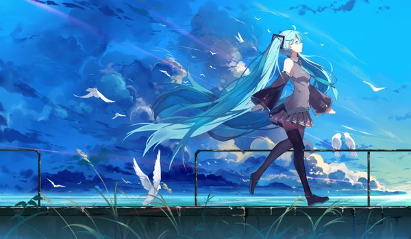 Anime picture 3000x1750 with vocaloid hatsune miku baisi shaonian single fringe highres breasts wide image twintails bare shoulders looking away cloud (clouds) ahoge long sleeves very long hair pleated skirt aqua eyes sunlight aqua hair wide sleeves