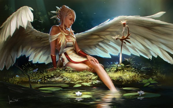 Anime picture 1000x625 with original jameswolf single long hair blonde hair wide image sitting signed angel wings angel girl hair ornament flower (flowers) weapon plant (plants) sword wings tree (trees) water bracelet