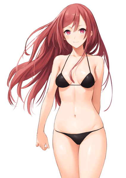 Anime picture 707x1000 with original f-cla single long hair tall image looking at viewer blush fringe breasts light erotic simple background smile hair between eyes red eyes white background red hair floating hair groin arm behind back girl